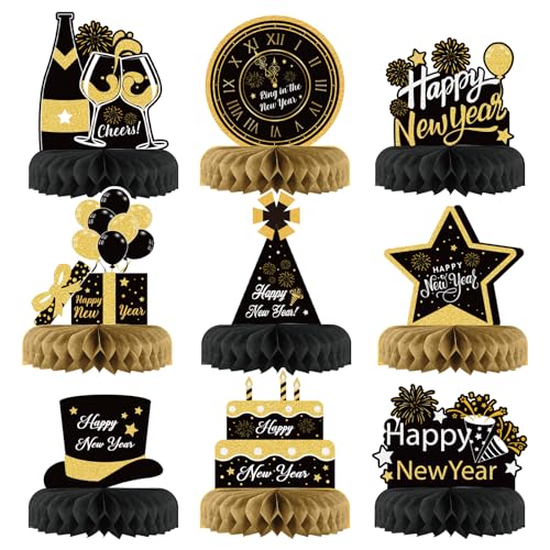 HONMOK 9pcs Neujahr Bienenwabe Mittelstück 2025 Silvester Party Tischdeko Silvester Schwarz Gold Neujahr Waben Ornamente Tischaufsätze für Neujahr Happy New Year Party Tischdekoration von HONMOK