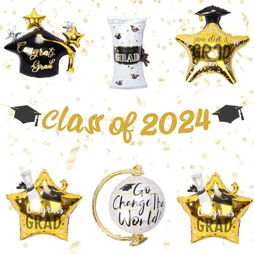 HONMOK Abschlussdekorationen, Klasse von 2024, Banner, 6 Stück Grad-Ballons, Schwarz und Gold, Congrats Grade Star Graduation Cap Balloons You Did It Geschenke für 2024 Grad Party Prom Dekoration von HONMOK