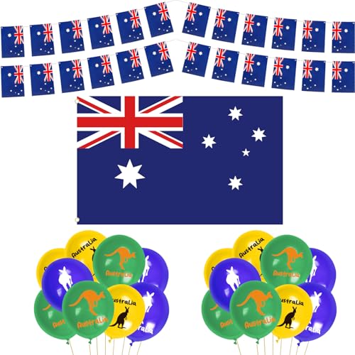 HONMOK Australische Party-Dekorationen, große australische Flagge, 8 m lange australische Flagge, Wimpelkette mit 18 Känguru-Ballons für australische Dekorationen, Babyparty, Geburtstag, Party, Voyage von HONMOK