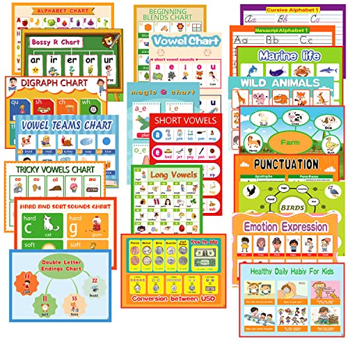 Laminierte Vorschulposter mit 22 Themen für Kinder und Kleinkinder | Vokaltabelle als Dekoration für das Klassenzimmer, Familienposter zum Lernen–Alphabet, Emotionen und mehr (A4 Englisches Plakat) von HONTOUSIP