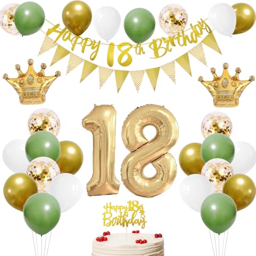 18. Geburtstag Deko Mädchen Junge mit Banner 18 Geburtstag Girlande 18 Luftballons Tortendeko Geburtstag Salbeigrün Weiß Gold Geburtstag Ballons für 18re Party Deko, Geschenkideen zum 18 Geburtstag von HONZSAN