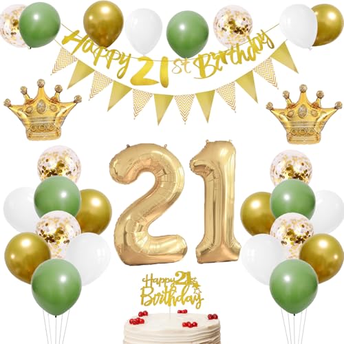 21 Geburtstag Deko Männer Frauen mit Banner 21 Geburtstag Girlande 21 Luftballons Tortendeko Geburtstag Salbeigrün Weiß Gold Geburtstag Ballons für 21 Party Deko, Geschenkideen zum 21 Geburtstag von HONZSAN