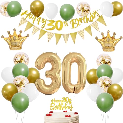 30 Geburtstag Dekorationen, Happy 30th Birthday Banner Cake Topper Nummer 30 Folienballon, Salbeigrün Weiß Gold Geburtstag Luftballons für 30 Jahre alte Frauen Männer Geburtstag Party Dekor (30th) von HONZSAN