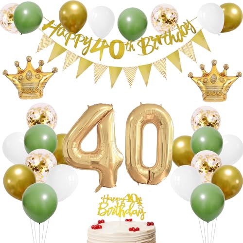 40 Geburtstag Deko Männer Frauen mit Banner 40 Geburtstag Girlande 40 Luftballons Tortendeko Geburtstag Salbeigrün Weiß Gold Geburtstag Ballons für 40re Party Deko, Geschenkideen zum 40 Geburtstag von HONZSAN