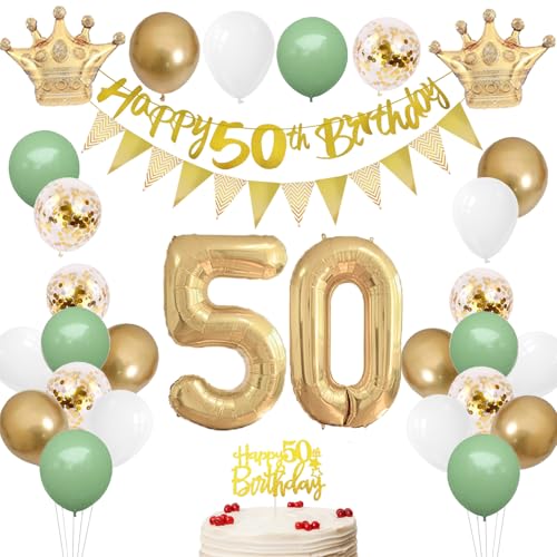 50 Geburtstag Dekorationen, Happy 50th Birthday Banner Cake Topper Nummer 50 Folienballon, Salbeigrün Weiß Gold Geburtstag Luftballons für 50 Jahre alte Frauen Männer Geburtstag Party Dekor von HONZSAN