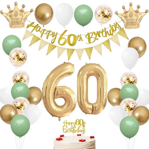 60 Geburtstag Dekorationen, Happy 30th Birthday Banner Cake Topper Nummer 60 Folienballon, Salbeigrün Weiß Gold Geburtstag Luftballons für 60 Jahre alte Frauen Männer Geburtstag Party Dekor von HONZSAN