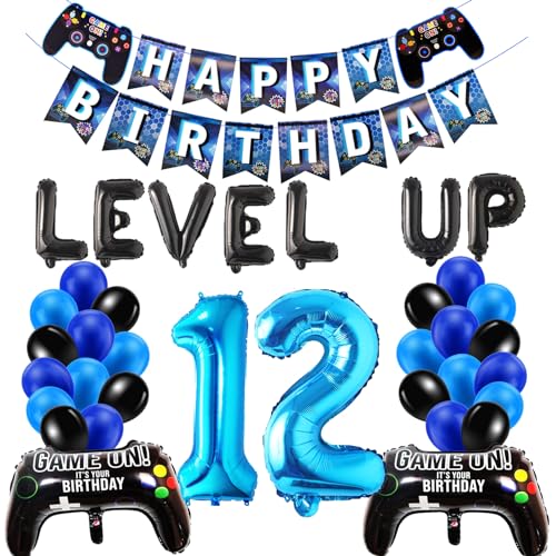 12 Geburtstag Junge Deko, Videospiel Luftballon 12. Geburtstag Blau, Gamer Geburtstagsdeko 12 jahre Junge, Schwarz Blau Ballons Zahl 12 Folienballon für Kinder Jungen Geburtstag Party Dekoration von HONZSAN