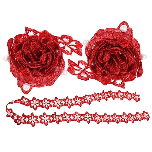 HOODANCOS 3st Perlwasserlösliche Spitze Gänseblümchen-spitzenbesatz Vintage Bestickte Applikation Blumenspitze Spitzenband Applizierter Spitzenbesatz Vorhang Dekor Nähmaterial Rot Polyester von HOODANCOS