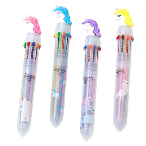 HOODANCOS 4 Stück Einhorn-Stift mit zehn Farben tragbarer mehrfarbiger Stift multifunktionaler mehrfarbiger Stift multitool stift farbige kugelschreiber Cartoon-Kugelschreiber Farbstift von HOODANCOS