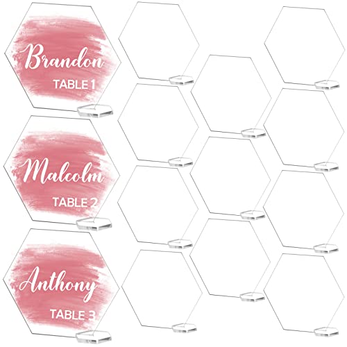 50 klare Acryl Tischkarten mit Halter, DIY Blank Clear Hexagon Acryl Name Platzkarten Acryl Schilder, freistehende Acryl Hochzeit Gäste Namen Escort Karten für Hochzeit Party Abendessen von HOODO