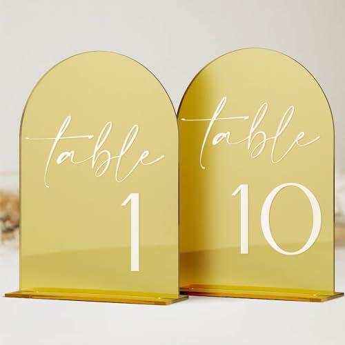 HOODO Gold Spiegel Acryl Hochzeit Tischnummern 1-10 mit Ständer, 12,7 x 17,8 cm gewölbte Acrylschilder und Halter, goldfarbener Spiegelbogen Tischnummern für Hochzeitsempfang, Tafelaufsatz, Party, von HOODO