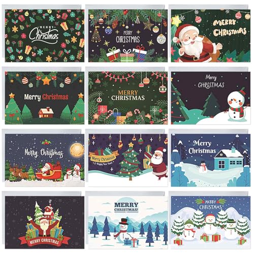 Weihnachtskarten mit Umschlag Set,Karten Weihnachten,12 Stück Christmas Cards Set Verschiedene,Grußkarten Weihnachten,Weihnachtskarten Klappkarten und Aufkleber für Weihnachtsgrüße von HOOPOE