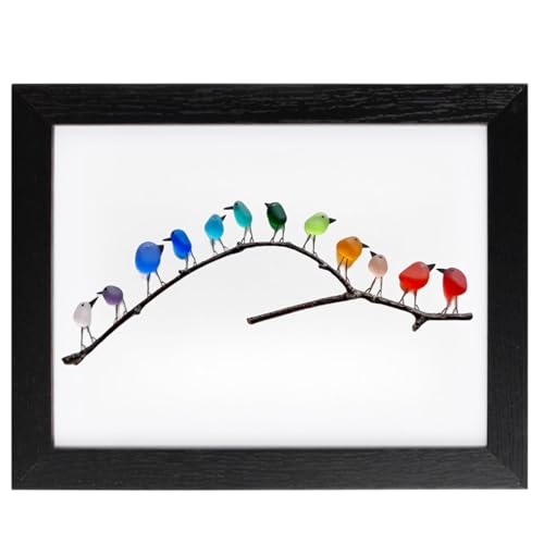 HOPASRISEE Regenbogenvögel aus Seeglas, Liebesbriefe an die Küste, Regenbogenvögel aus Seeglas auf einem Ast, Liebesbriefe an die Küste von Sheremart, Seeglasvögel (Black, 12 Birds, Framed) von HOPASRISEE