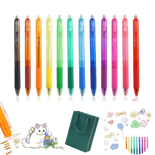 Multicolor Erasable Gel Pen, 12 Pcs Upgraded Fine Point 0.5mm Erasable Gel Pens, Erasable Colored Pens Medium Point, Retractable Fine Point Erasable Pens Clicker, Smooth Writing (12pcs-B) von HOPASRISEE