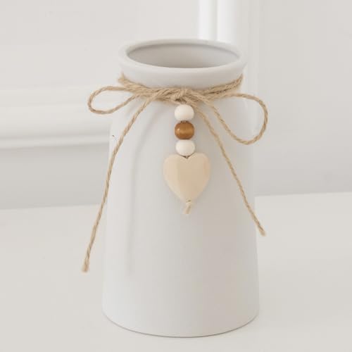 HOPEME Charmante Keramikvase mit Juteseil und Herzanhänger, elegantes Boho- und Bauernhaus-Dekor, kleine Vase für Zuhause und Büro, 15,2 cm, Weiß von HOPEME