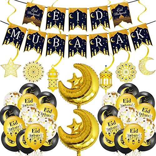 Eid Mubarak Party Dekoration Set 41Pcs Ramadan Mubarak Banner Star Moon Folienballons Schwarz Gold Latex Balloons Konfetti Balloons and Hängend Wirbel for Eid Mubarak Themed Party von HORDUET