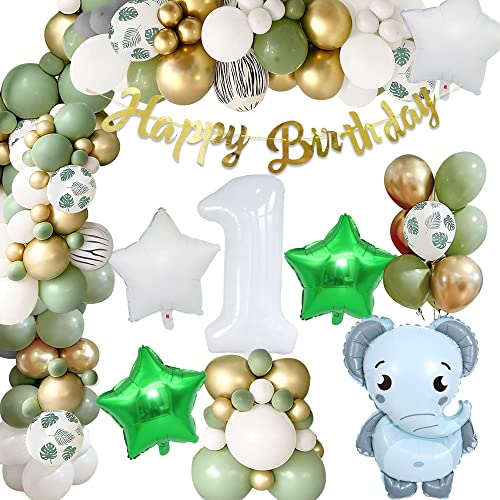 Geburtstagsdeko 1 jahr Junge, Mädchen Grüne 1 Geburtstagsdeko Dschungel Geburtstagsdeko 1 Jahr Elefant Folienballon Star Folienballon für Safari 1. Geburtstagsdeko Baby Shower Deko von HORDUET