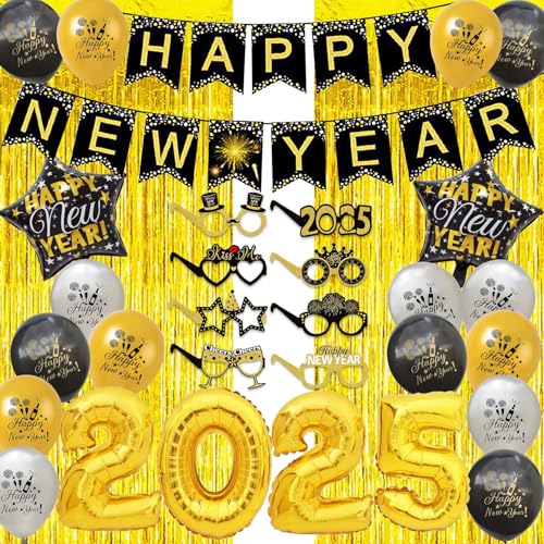 Silvester Deko 2025, Neujahrsdeko Set Happy New Year Banner 2025 Folienballons Silvester Ballons Gold Tinsel Vorhänge Neujahr gläser für Silvester Party Deko 2025 von HORDUET