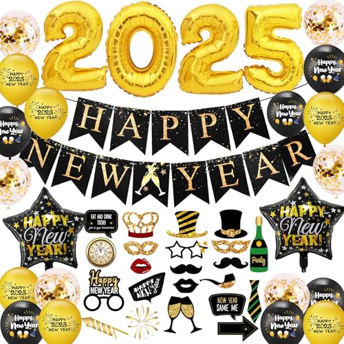 Silvester Deko 2025 Dekoration Set Neujahr Girlande Neujahr Partydeko Silvesterdeko Banner Happy New Year Luftballons Folienballons für Silvester Party Deko 2025 von HORDUET