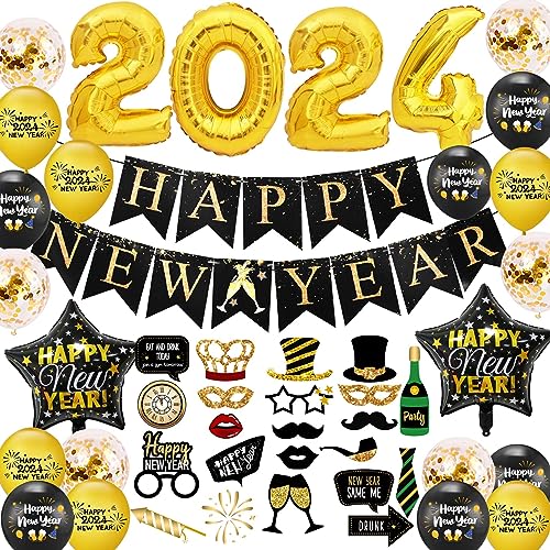 Silvester Deko 2025 Dekoration Set Neujahr Girlande Neujahr Partydeko Silvesterdeko Banner Happy New Year Luftballons Folienballons für Silvester Party Deko 2025 von HORDUET