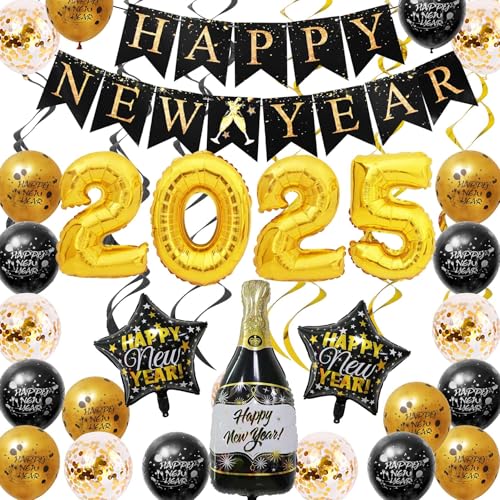 HORDUET Silvester Deko 2025 Dekoration Set Silvester Girlande Neujahrsdeko Banner Schwarz Gold Happy New Year Luftballons Folienballons für Silvester Party Deko 2025 von HORDUET