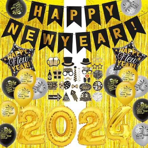 Silvester Deko 2025 Set, Neujahr Deko Happy New Year Banner 2025 Folienballons Silvester Ballons Gold Tinsel Vorhänge Silvester Foto Requisiten für Silvester Party Deko 2025 von HORDUET