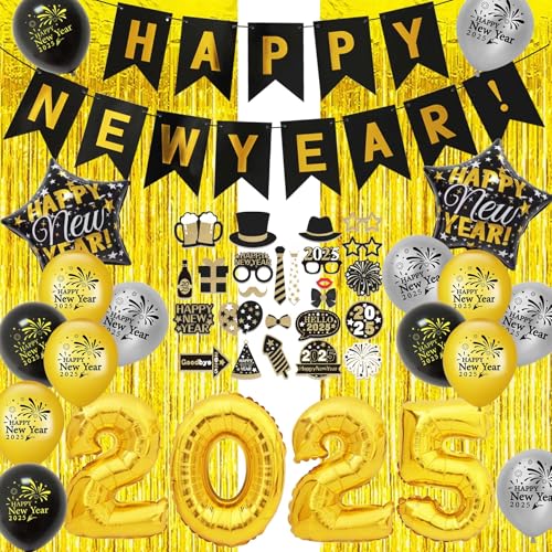 Silvester Deko 2025 Set, Neujahr Deko Happy New Year Banner 2025 Folienballons Silvester Ballons Gold Tinsel Vorhänge Silvester Foto Requisiten für Silvester Party Deko 2025 von HORDUET