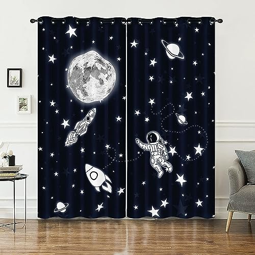 HOSIMA Raketenvorhänge,Ösenvorhänge,Set mit 2 Vorhängen,Raketen-Astronauten-Mond-Aufdruck,Vorhänge für Kinderzimmer und Teenagerzimmer(Raketen-Astronaut L) von HOSIMA