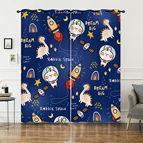 HOSIMA Weltraum Tier Vorhänge Blickdicht Gardinen Mit Ösen,2-Set 140x175cm Astronaut Kaninchen Raumschiff weiche Verdunklungsvorhänge für Wohnzimmer Kinderzimmer(Weltraum2 140x175cm) von HOSIMA