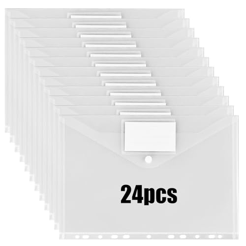 Dokumentenmappe A4, 24 Stück Transparent Dokumententasche Kunststoff Mappe A4 Ordner mit Klettverschluss, Etikettentasche, 11 Löcher, Erweiterbare Wasserdicht Sammelmappe für Dokumente Organizer von HOSPAOP