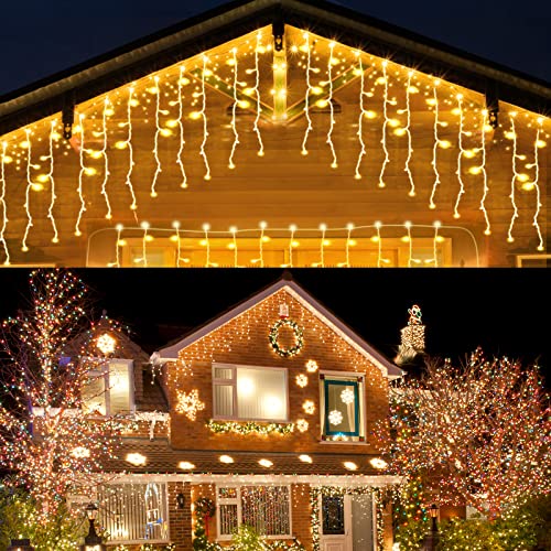 HOSPAOP LED Eisregen Lichterkette Außen Warmweiß 400 LED 10M Eiszapfen Weihnachtsbeleuchtung Aussen Strom Lichtervorhang mit Timer, 8 Modi für Garten, Pavillon, Balkon, Weihnachten Deko von HOSPAOP