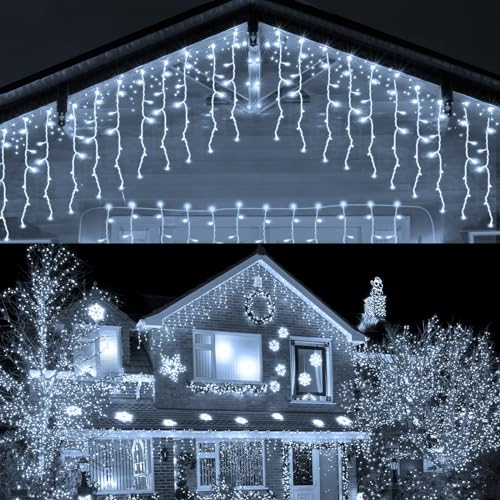 HOSPAOP LED Eisregen Lichterkette Außen Weiß 400 LED 10M Eiszapfen Weihnachtsbeleuchtung Aussen Strom Lichtervorhang mit Timer, 8 Modi, Wasserdicht für Garten, Pavillon, Balkon, Weihnachten Deko von HOSPAOP