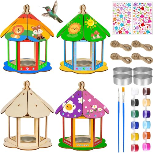 HOSSOM Vogelhaus Bausatz Kinder，4 Stück Holz Vogelfutterhaus Bastelset, Bastelsets für Kinder, Kunst Handwerk Geburtstagsparty Spielzeug Geschenk für Jungen Mädchen 6 8 9 10 Jahre von HOSSOM