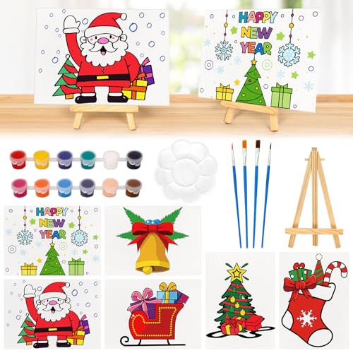 HOTOOLME Keilrahmen mit Pigment 24 Stück Weihnachten Leinwand Set mit 12 Farbpigment Paint- 6 Leinwand mit Holzstaffelei Leinwände Set Pinsel Palette Starterset von HOTOOLME