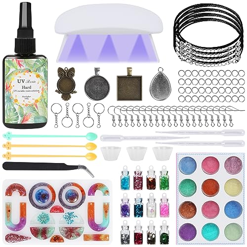 HOTOOLME UV resin Set mit Lampe Anfänger, UV Harz Kit Schmuck Selber Machen Set mit Aufbewahrungsbox, Epoxidharz Formen, Glitzer, Blattgold, für DIY Halskette, Ohrringe von HOTOOLME