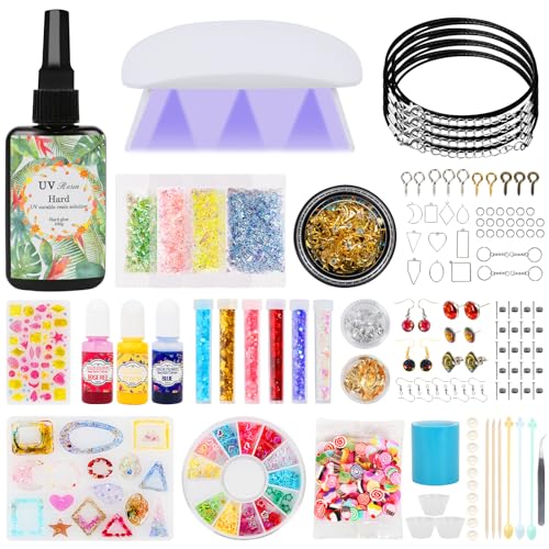 HOTOOLME UV Harz Kit UV Resin Set mit UV Lampe, 155 Pcs UV Kleber mit Lampe Set, UV Harz Set Schmuck Selber Machen Aufbewahrungsbox für DIY Halskette, OhrringeSet mit Aufbewahrungsbox von HOTOOLME