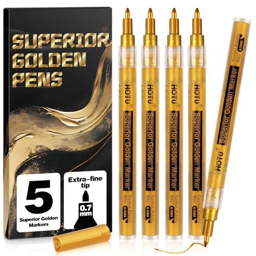 5 Acrylmarker Gold, 5 Stück/Set Drawing Makers, Metallic Marker Permanent Extra-Fine Tip 0.7mm, Wasserfeste Malstifte für Felsmalerei, Holz, Plastik, Metall, Leinwand von HOTU