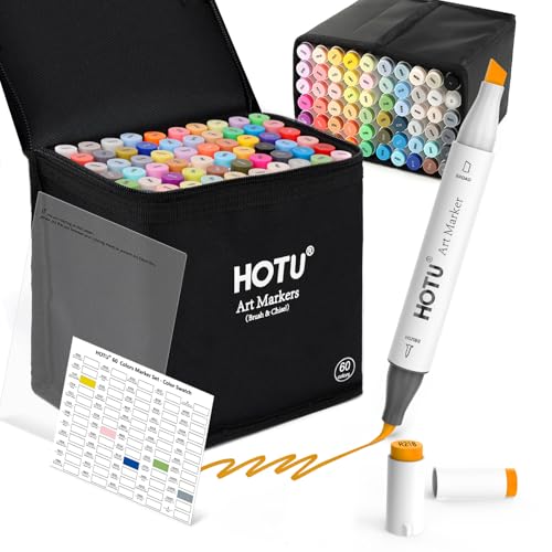 HOTU Alkohol Marker Stifte Set, 60 Pinsel Marker Stift Doppelseitige Farbspitz Chisel Tip Alkoholmarker Twin Marker Stifte für Comics, Manga, Skizzieren, Kalligraphieren und Zeichnen von HOTU