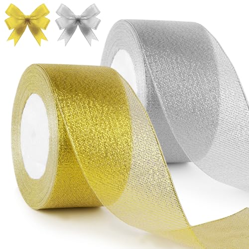 HOTUT 2 Rollen Satinband Gold und Silber, 50mm Geschenkbänder Breit, 22 M Schleifenband Deko, Dekoband für Geschenkverpackung Brautstrauß Basteln Geburtstag Deko von HOTUT