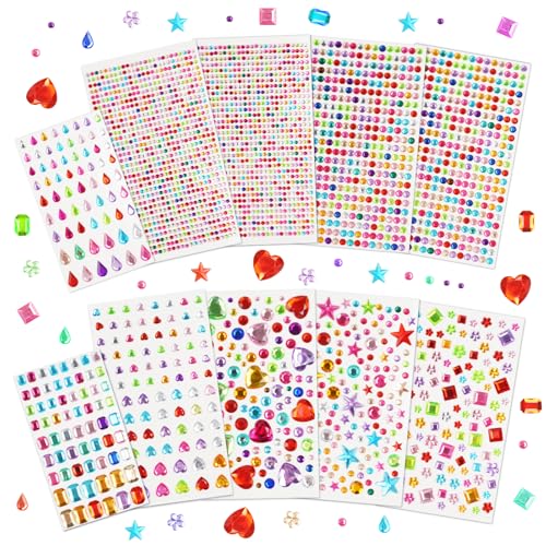 HOTUT Glitzersteine Selbstklebend,10 Blätter Bunt Selbstklebende Schmucksteine,Strasssteine Selbstklebend,verschiedene Formen, Größen,Acryl Glitzer Sticker für Kreativprojekte, Scrapbooking, DIY von HOTUT