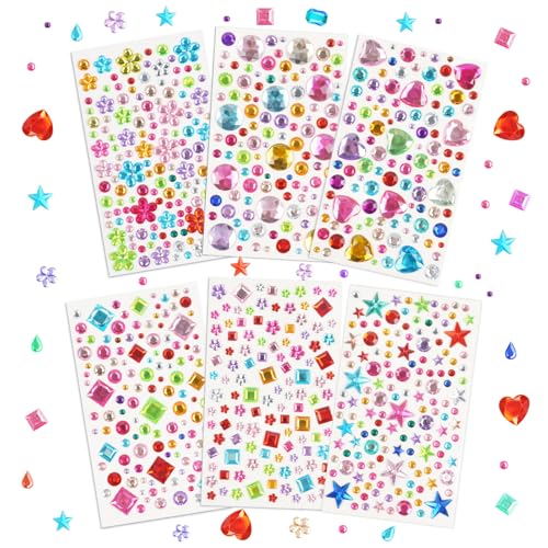 HOTUT Glitzersteine Selbstklebend,6 Blätter Bunt Selbstklebende Schmucksteine,Strasssteine Selbstklebend,verschiedene Formen, Größen,Acryl Glitzer Sticker für Kreativprojekte, Scrapbooking, DIY von HOTUT