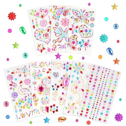 HOTUT Glitzersteine Selbstklebend,8 Blätter Bunt Selbstklebende Schmucksteine,Strasssteine Selbstklebend,verschiedene Formen, Größen,Acryl Glitzer Sticker für Kreativprojekte, Scrapbooking, DIY von HOTUT