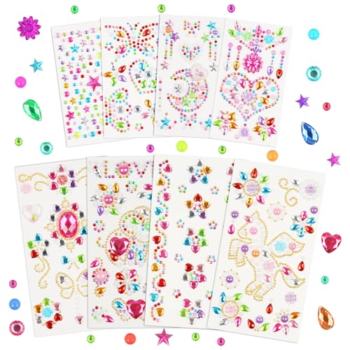 HOTUT Glitzersteine Selbstklebend,8 Blätter Bunt Selbstklebende Schmucksteine,Strasssteine Selbstklebend,verschiedene Formen, Größen,Acryl Glitzer Sticker für Kreativprojekte, Scrapbooking, DIY von HOTUT