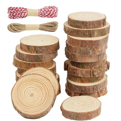 HOTUT Holzscheiben,20 Stück Holz Log Scheiben 5-6cm, Baumscheiben Ohne Loch mit 2 Rollen Schnur,Runde Naturholz Holzscheibe für DIY Handwerk,Untersetzer,Weihnachten Dekoration von HOTUT