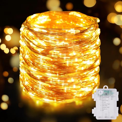 HOTUT Lichterkette Batterie, 10m100 LED Lichterkette,LED Warmweiß Innen Lichterketten, 8 Modi Lichterkette Draht, Lichterkette für Innen Außen Weihnachten, Schlafzimmer, Party,Hochzeit,Garten von HOTUT