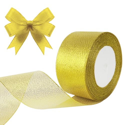 HOTUT Satinband Gold, 50mm Gold Geschenkbänder Breit, 22 M Schleifenband Deko Gold, Dekoband für Geschenkverpackung Brautstrauß Basteln Geburtstag Deko von HOTUT