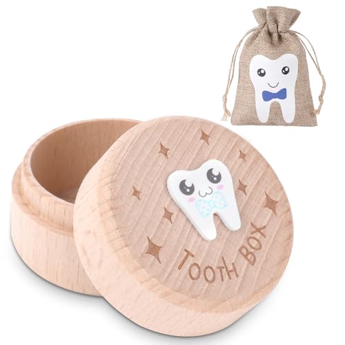 HOTUT Tooth Fairy Box,Zahndose Milchzahndose,Zahn Andenkenbox,Holz Milchzähne Box mit 3D geschnitzte Holzkiste,Zahndose Milchzähne für Jungen Mädchen Kinder Geburtstag Babyparty-Geschenk (Jungen) von HOTUT