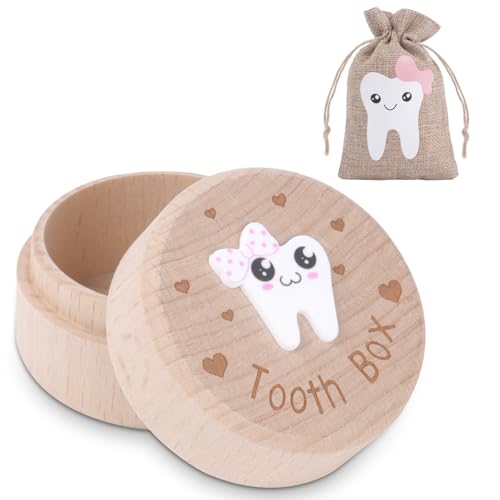 HOTUT Tooth Fairy Box,Zahndose Milchzahndose,Zahn Andenkenbox,Holz Milchzähne Box mit 3D geschnitzte Holzkiste,Zahndose Milchzähne für Jungen Mädchen Kinder Geburtstag Babyparty-Geschenk (Mädchen) von HOTUT