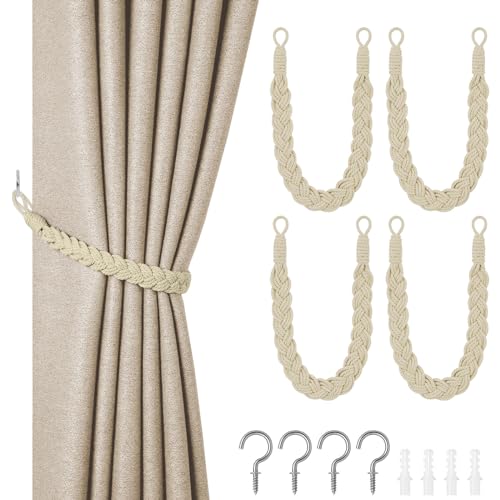 HOTUT Vorhang Raffhalter, 4 Stück Curtain Rope Buckle, Handgestrickte Vorhang-Raffhalter, Vorhangbinder, Gardinen Raffhalter für Haus Office, Wohnzimmer, Schlafzimmer-Beige von HOTUT