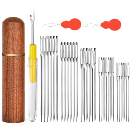 HOTUT stumpfe Nadeln mit großem Öhr, 33 Stück Handnähnadeln Garnstricknadeln, 5 Größen Sticknadeln mit großem Öhr, 1 Nahttrenner und 2 Nadeleinfädler, Set mit Handstricknadeln aus Edelstahl von HOTUT